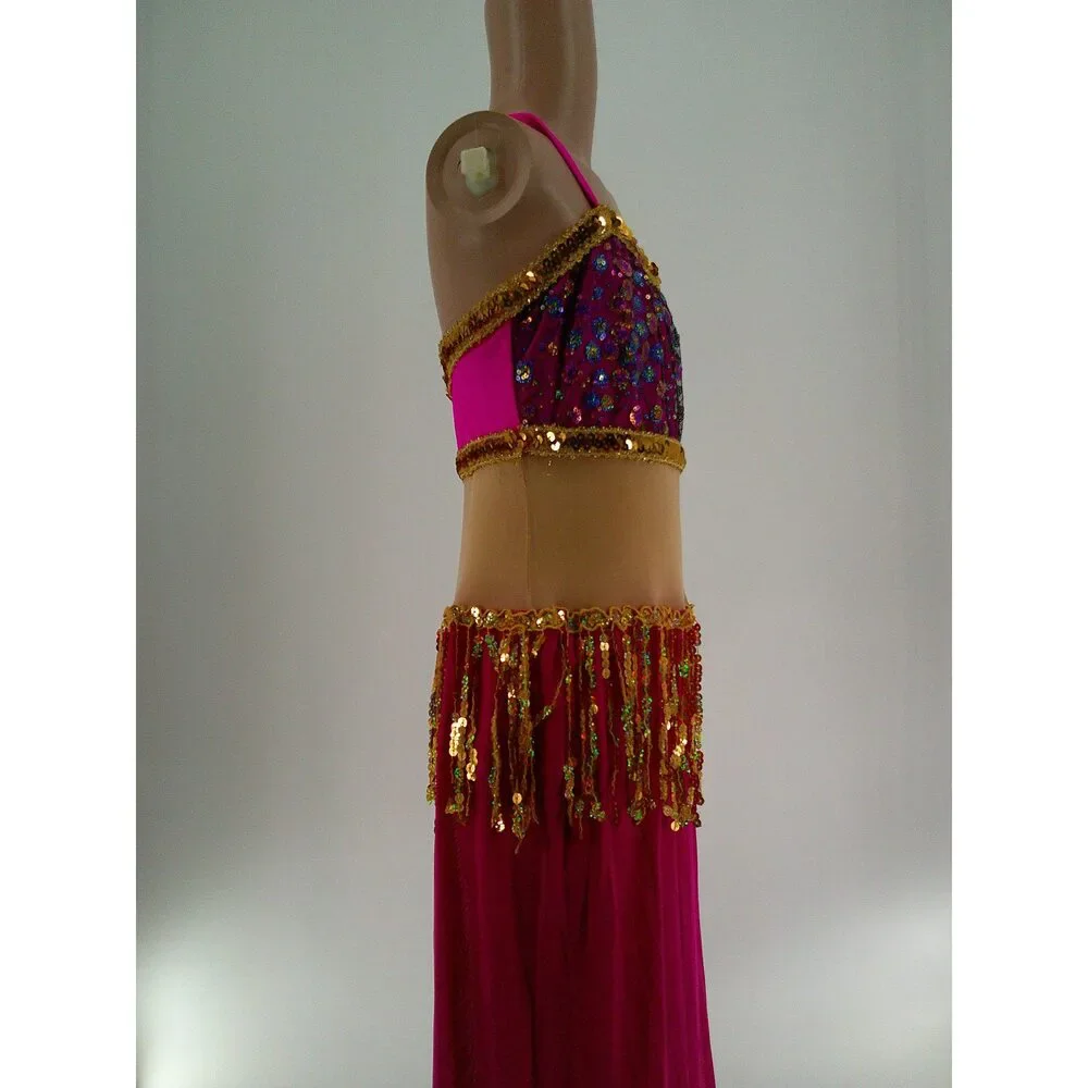 Pre-Owned Dance Costume Art Stone 26764 Medium Child Pink Jumpsuit Jazz Sequin